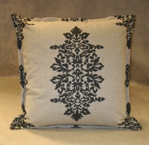 Black and white throw pillow with ornate design, the fabric house, buy fabric online, upholstery fabric
