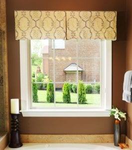 Bathroom window with valance with view of trees and lawn, the fabric house, custom window treatments, upholstery fabric, buy fabric online