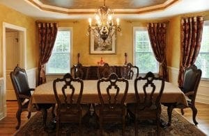 Drapes with dark red and white pattern in a dining room, fabric house, buy fabric online, designer fabric, fabric store