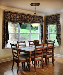 custom window treatments - Dark flowered drapes in a dining room, the fabric house, designer fabric, buy fabric online, fabric store