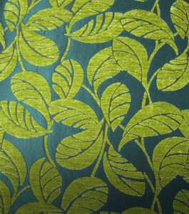 Green leaves on teal fabric, The Fabric House, online fabric store, custom window treatments, upholstery fabric, fabric online.