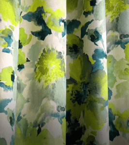 Light green and blue flowers on custom window treatments from The Fabric House, online fabric store, buy fabric online, upholstery fabric.