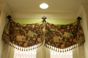 Circus-themed valance in a kitchen, fabric online, custom window treatments, designer fabric, fabric store.